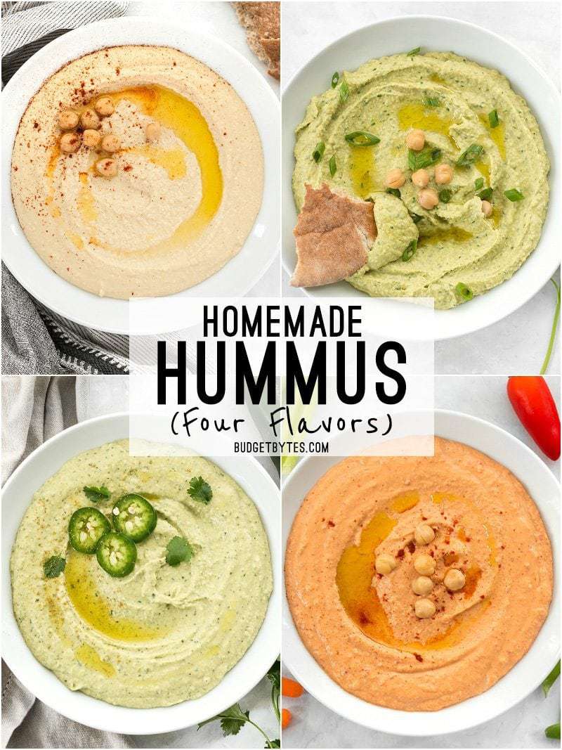 Four flavors of Homemade Hummus - Plain, Parsley Scallion, Jalapeño Cilantro, and Roasted Red Pepper