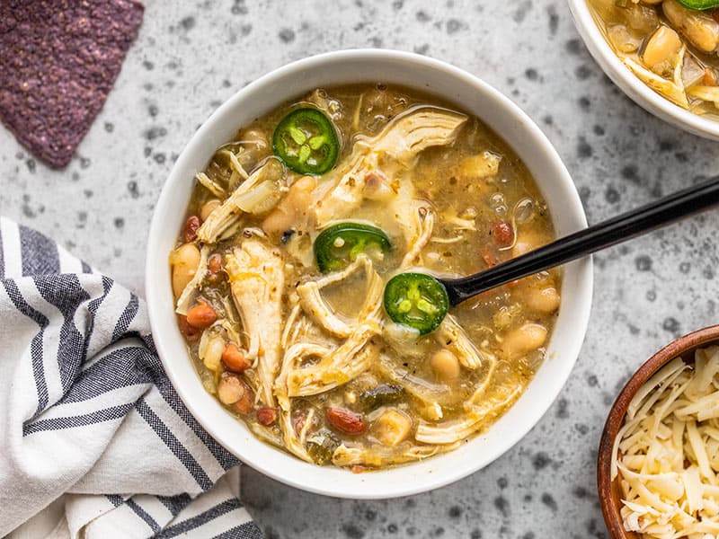 Slow Cooker White Chicken Chili Above Spoon 