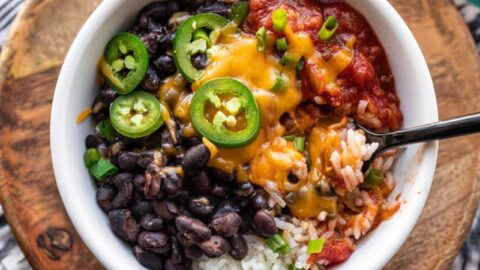 Close up overhead shot of a poor man's burrito bowl with melted cheese