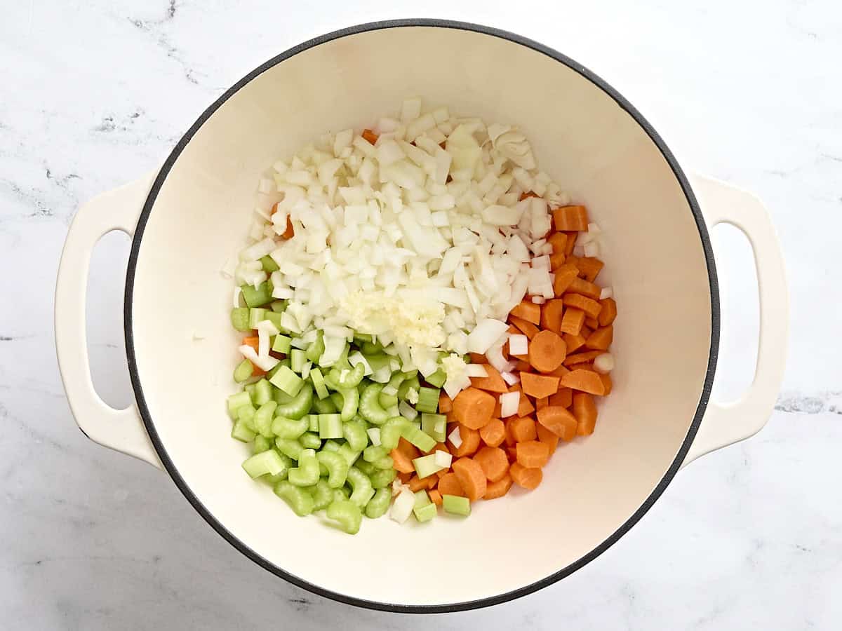 A mirepoix in a sauce pot.