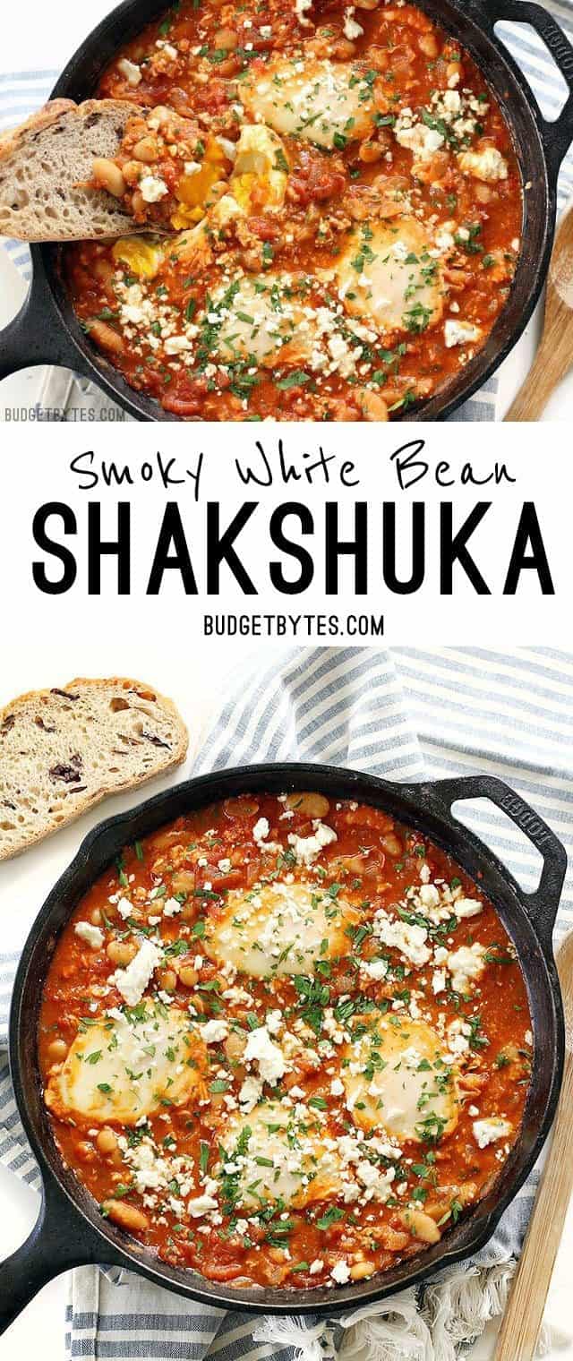 Smoky White Bean Shakshuka makes the BEST breakfast for dinner! BudgetBytes.com