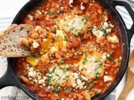 Smoky White Bean Shakshuka makes the BEST breakfast for dinner! BudgetBytes.com