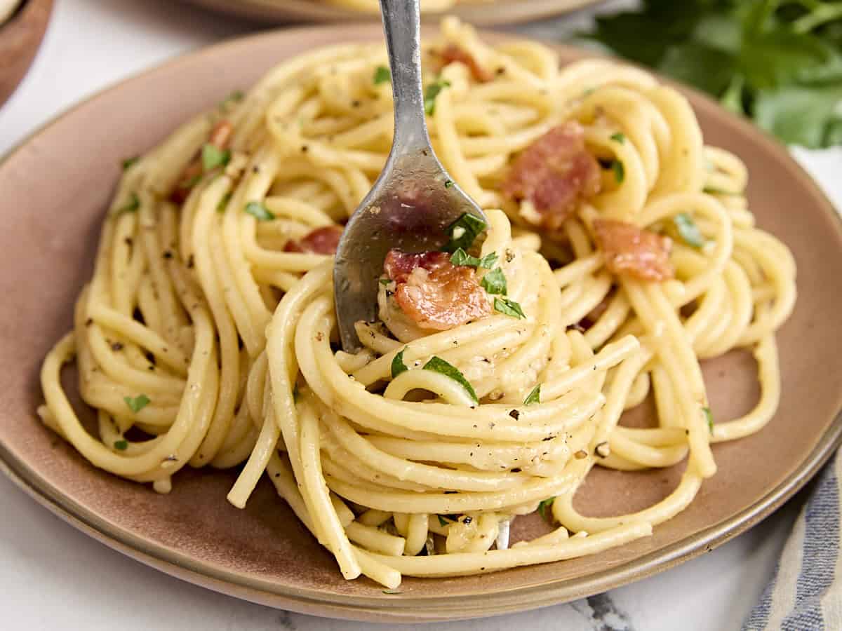 Side view of a plate of spaghetti carbonara with a fork.