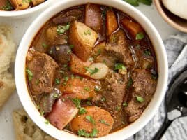 Overhead close up of Instant Pot beef stew in a bowl.