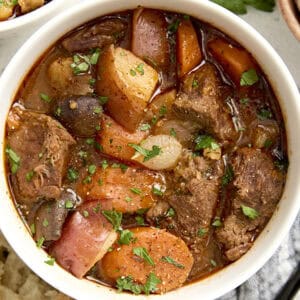 Overhead close up of Instant Pot beef stew in a bowl.