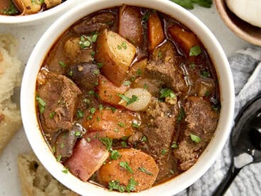 Overhead close up of Instant Pot beef stew in a bowl.