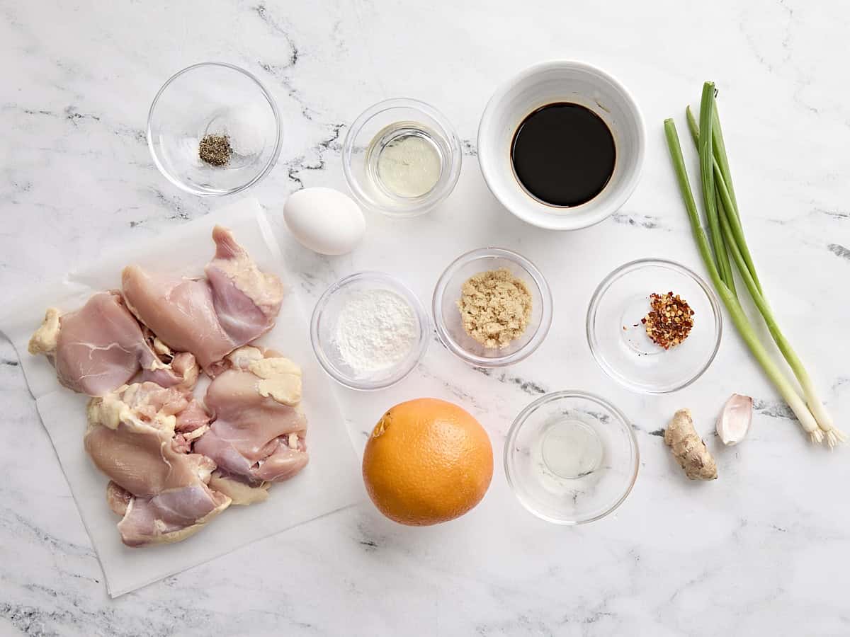 The ingredients to make homemade orange chicken.