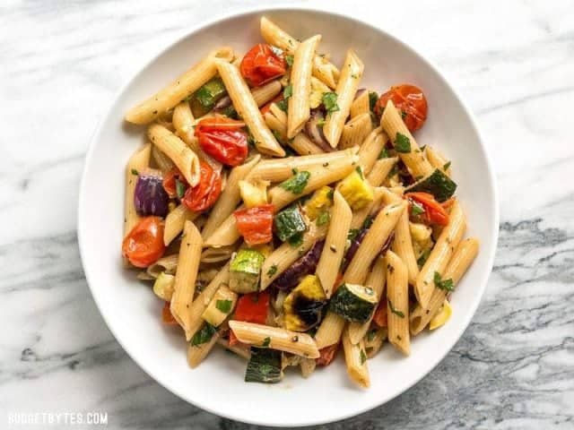 This classic summer Grilled Vegetable Pasta Salad features smoky fire licked vegetables and a homemade creamy balsamic vinaigrette. BudgetBytes.com