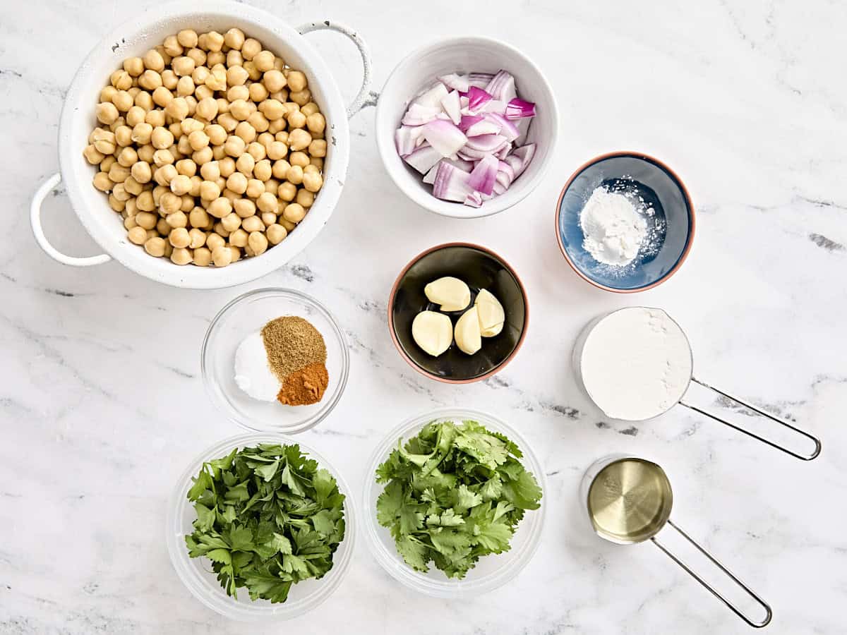 Overhead view of the ingredients for homemade falafel.