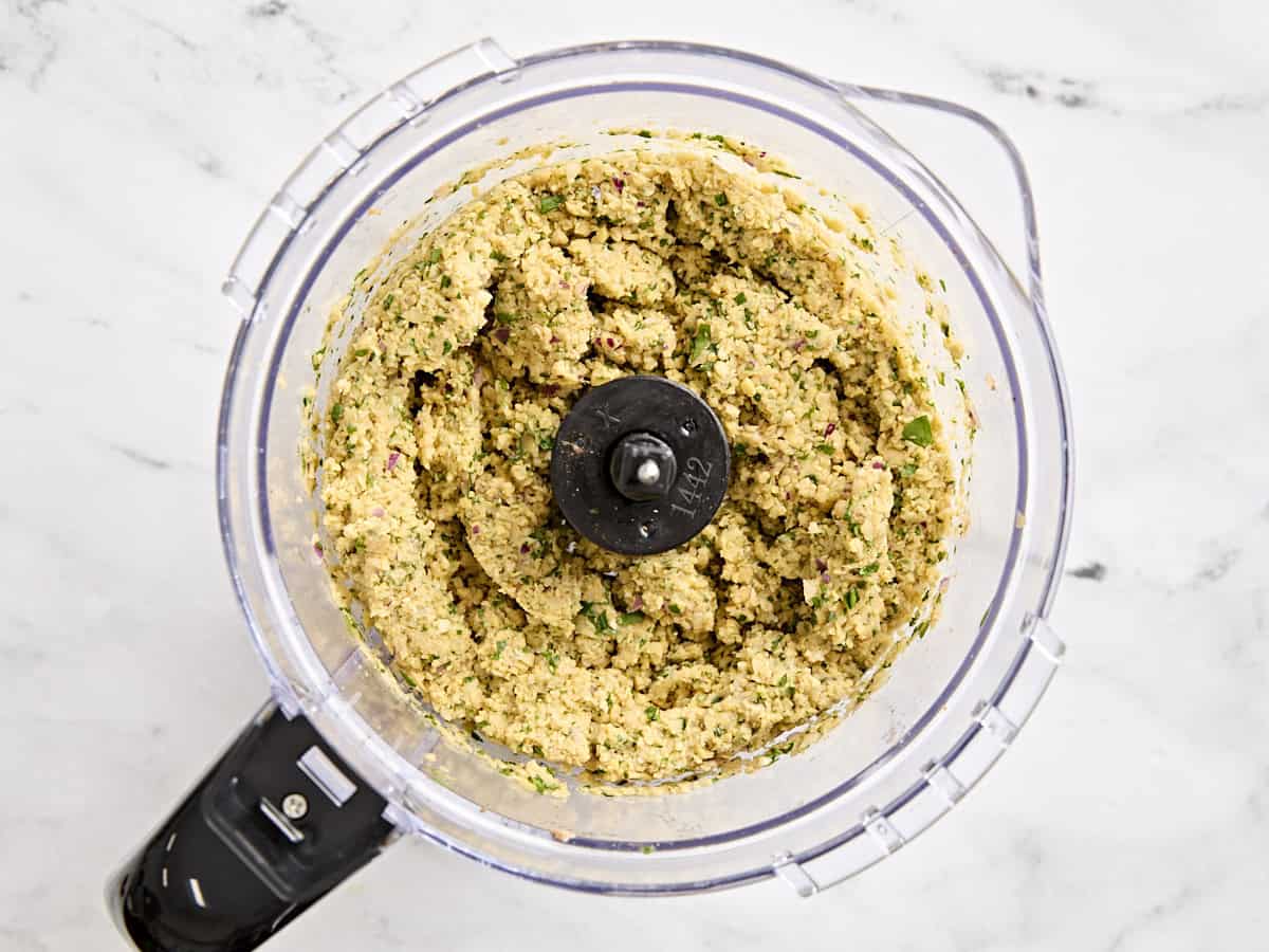 Falafel mix in a food processor.