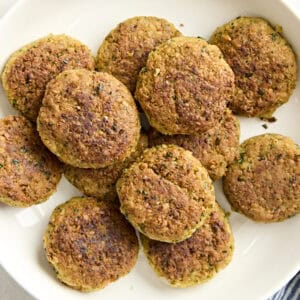 Overhead view of falafel on a plate.