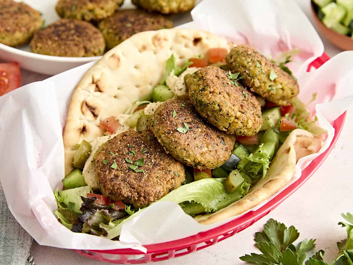 Homemade falafel in a flatbread with salad.