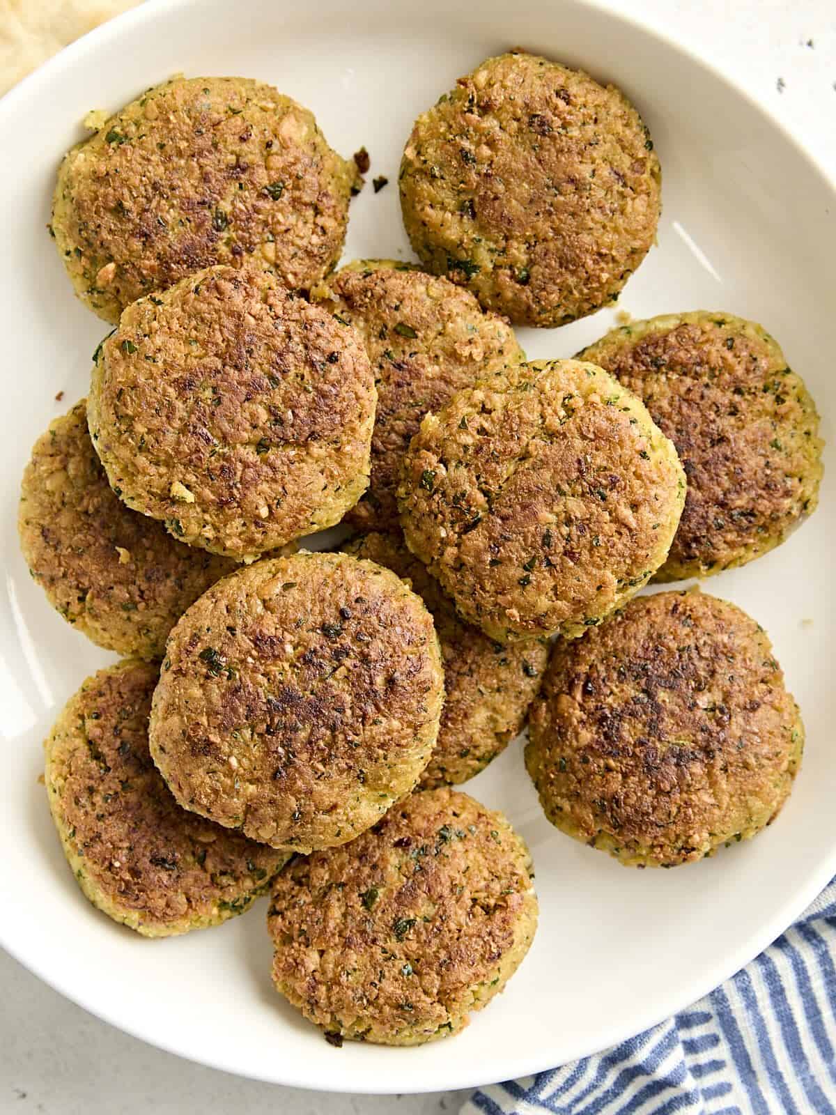 Overhead view of falafel on a plate.