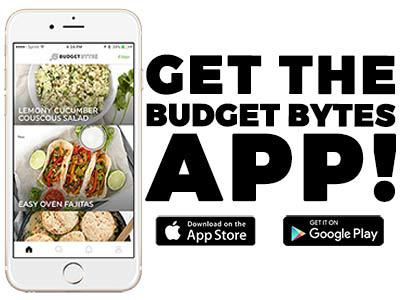 A white iphone with the Budget Bytes App displayed on the screen and "Get the App!" text on the right.