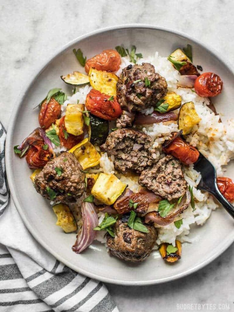 Beef Kofta Meatballs with Roasted Vegetables Budget Bytes