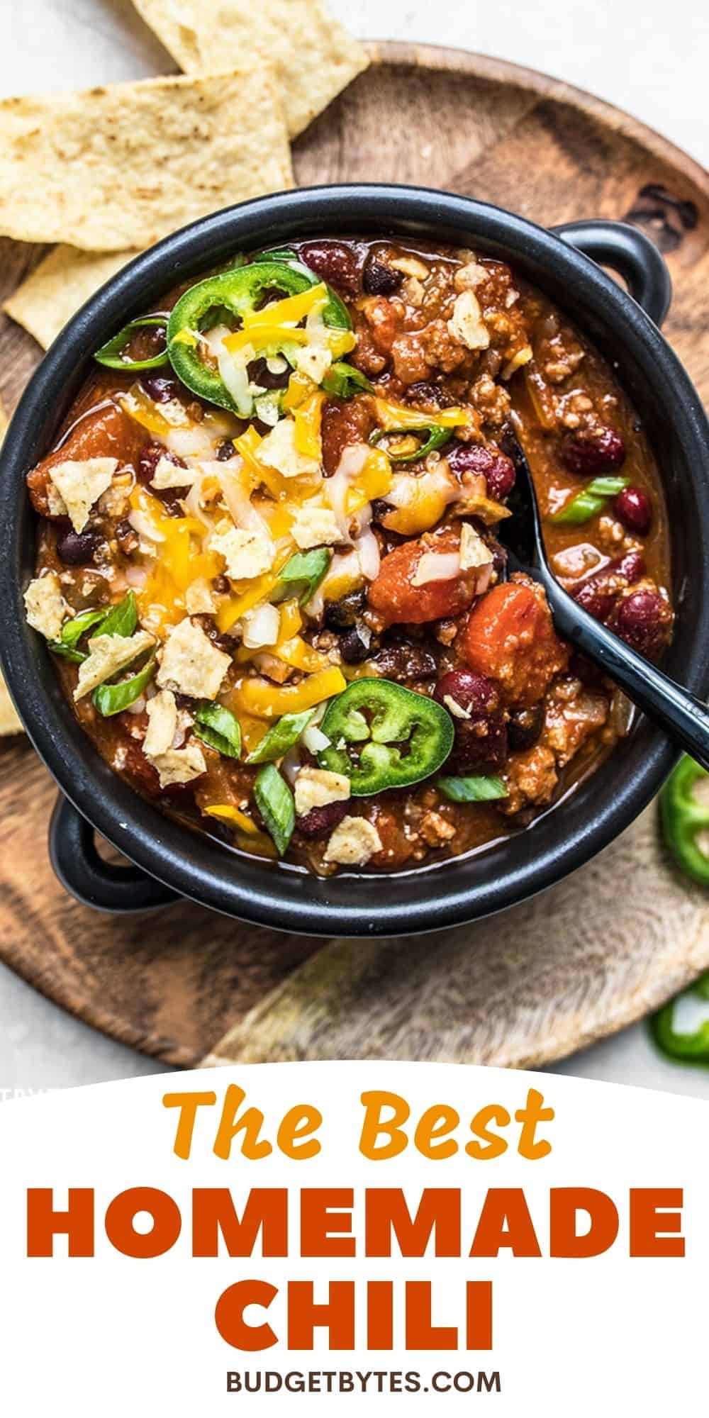 Overhead view of a bowl of chili, title text at the bottom