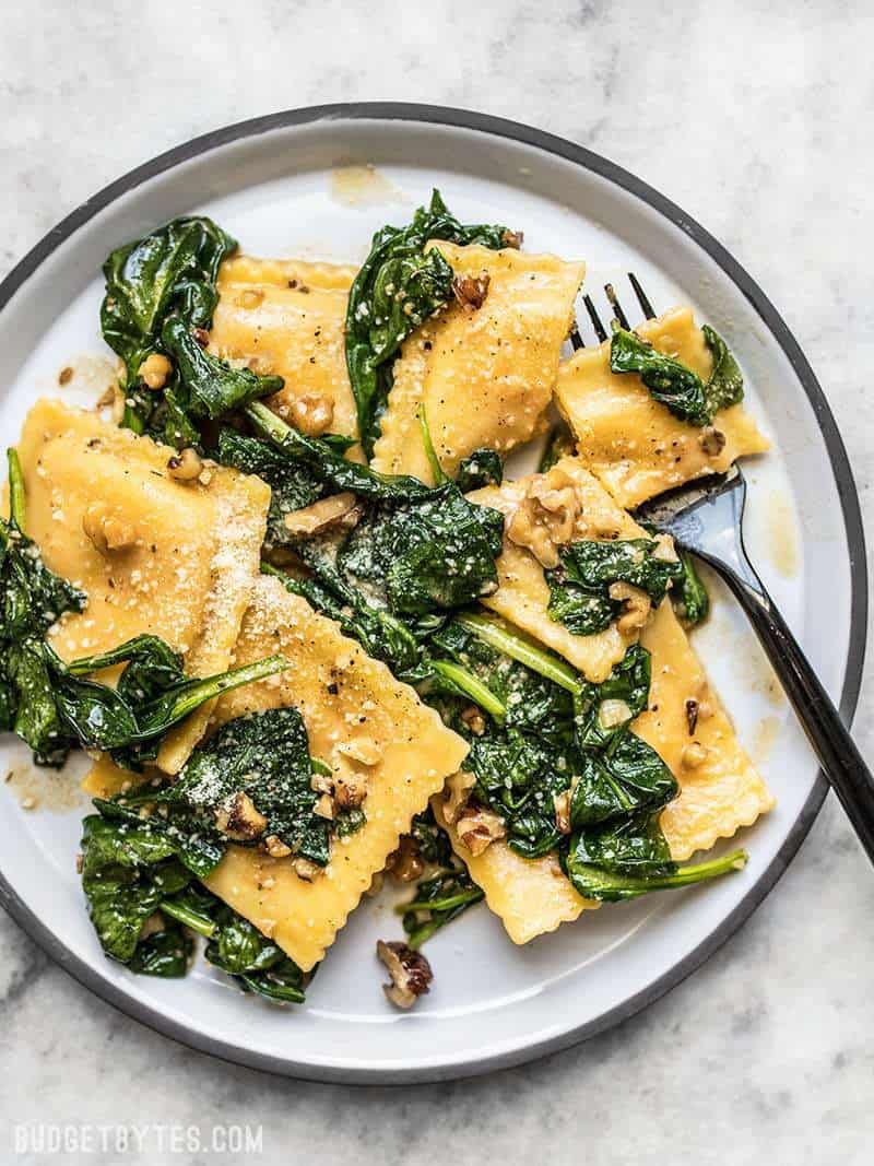Ravioli with Sage Brown Butter Sauce, Spinach, and Walnuts | Budget ...