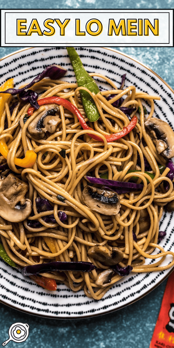 Close up overhead view of a plate full of lo mein.