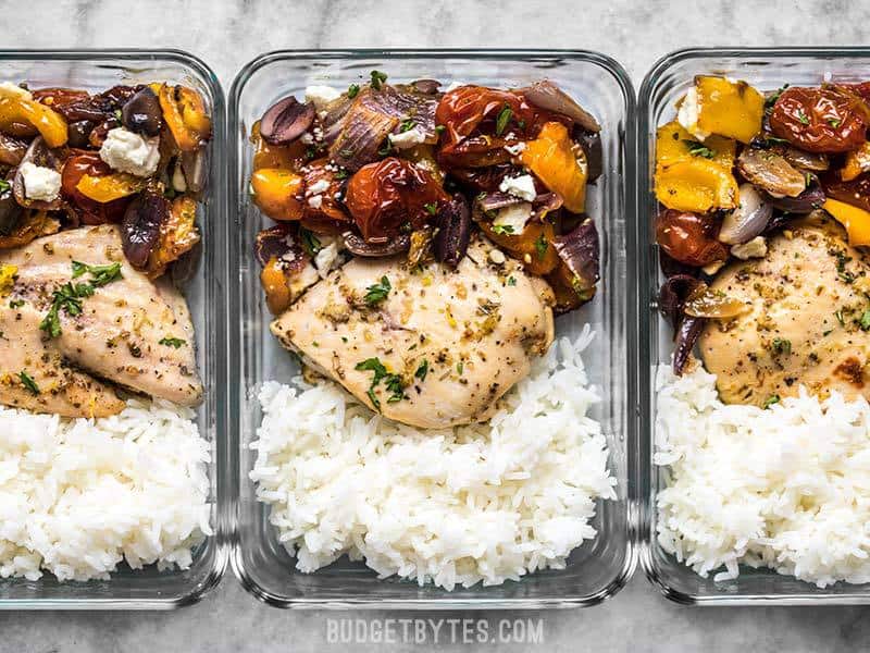 Meal prepped Sheet Pan Greek Chicken and Vegetables