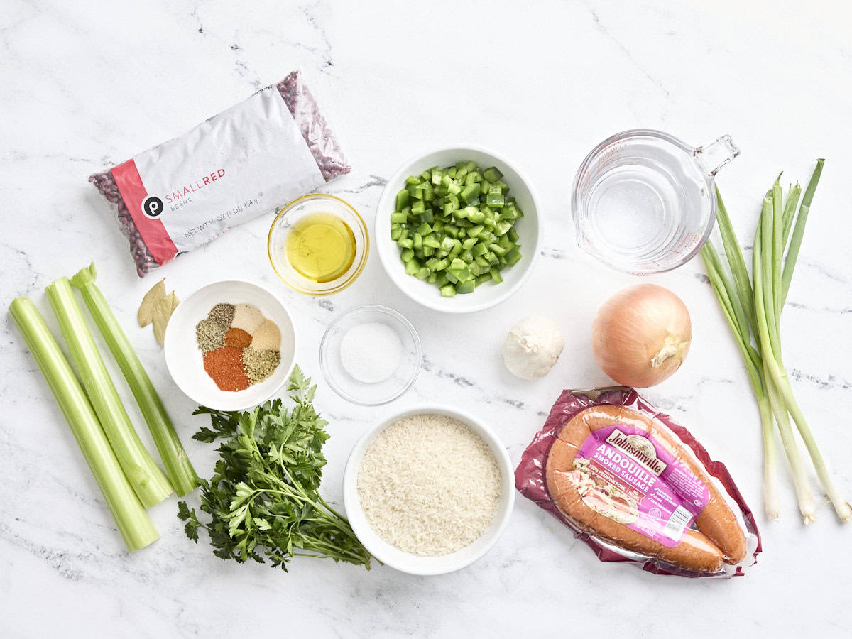 The ingredients to make Louisiana red beans and rice.