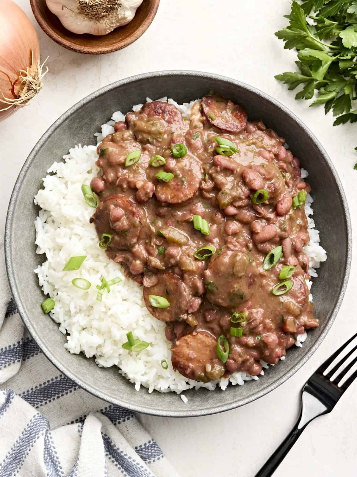 Overhead view of Louisiana red beans and rice on a plate.