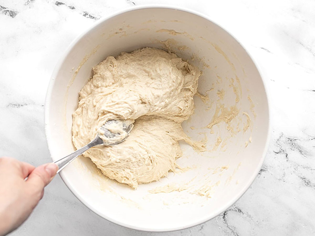 Properly hydrated focaccia bread dough in the mixing bowl. 