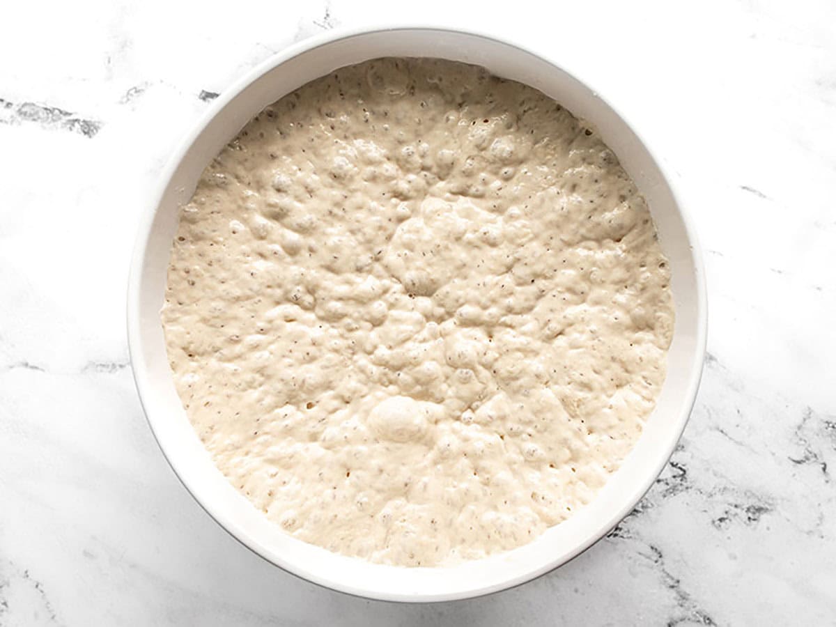 Bubbly fermented focaccia dough in the mixing bowl. 