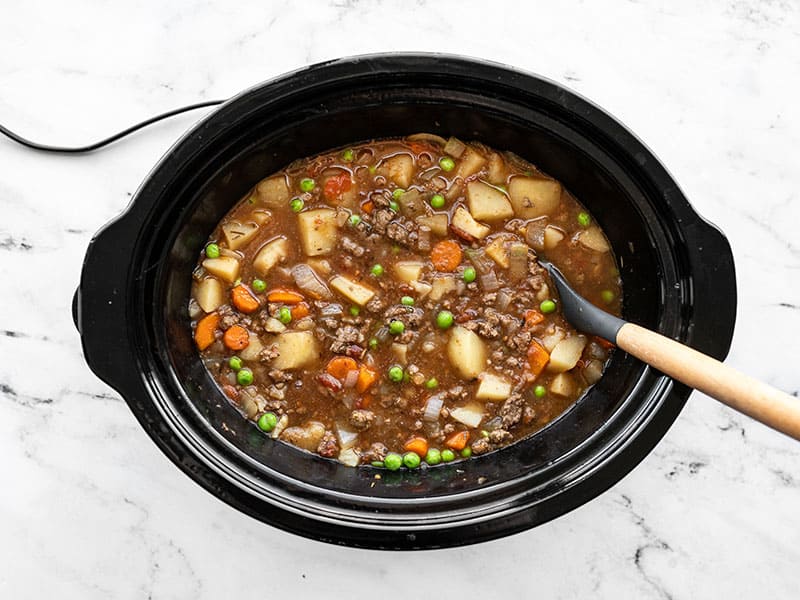 Finished slow cooker hamburger stew in the slow cooker