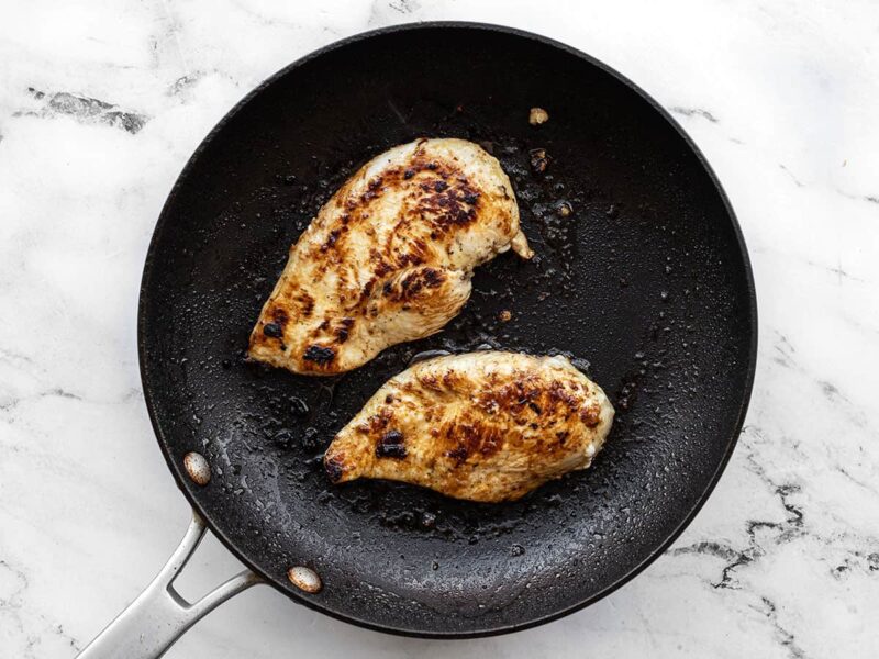 Cooked chicken in a skillet