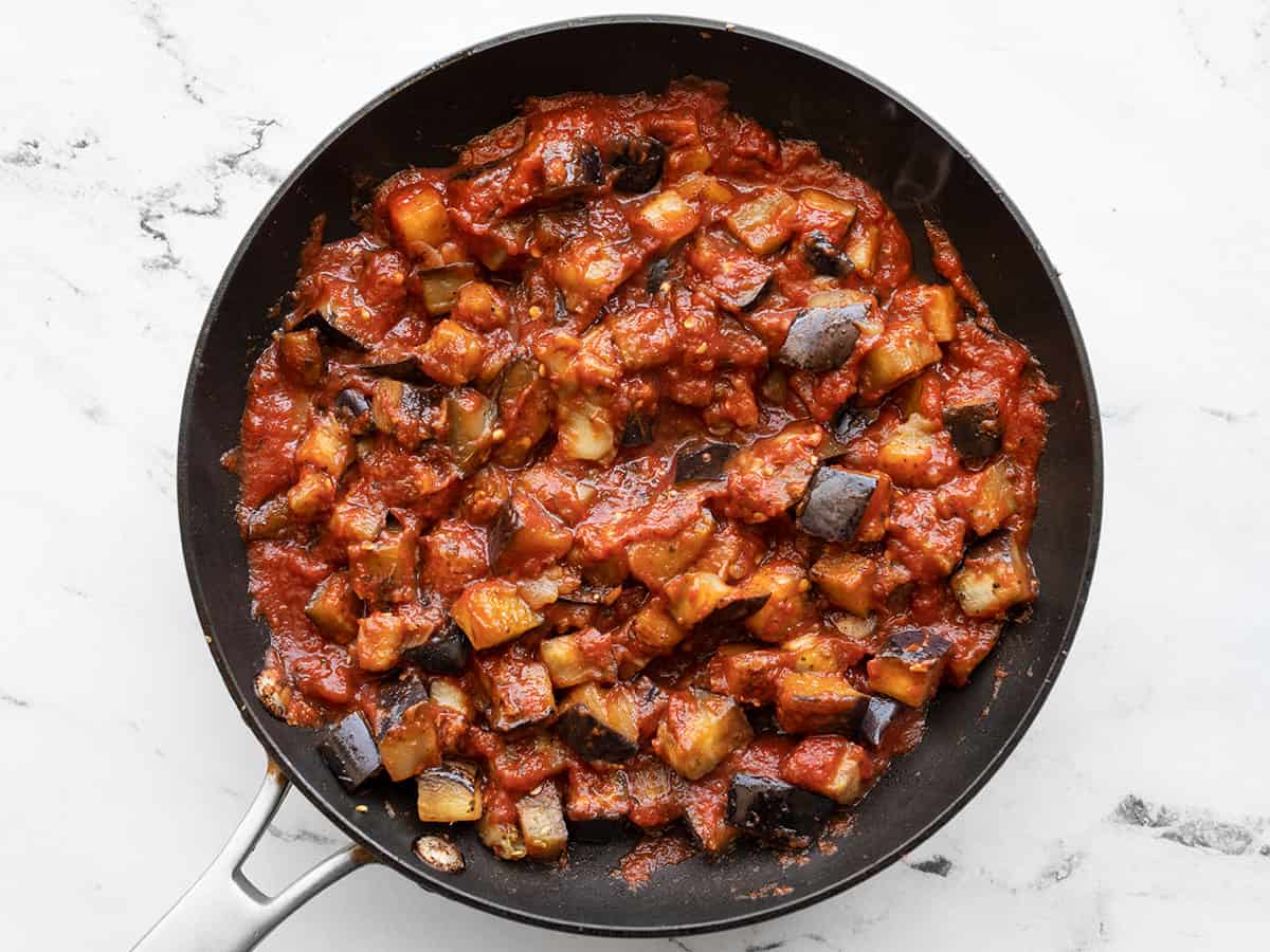 Finished eggplant with marinara in the skillet