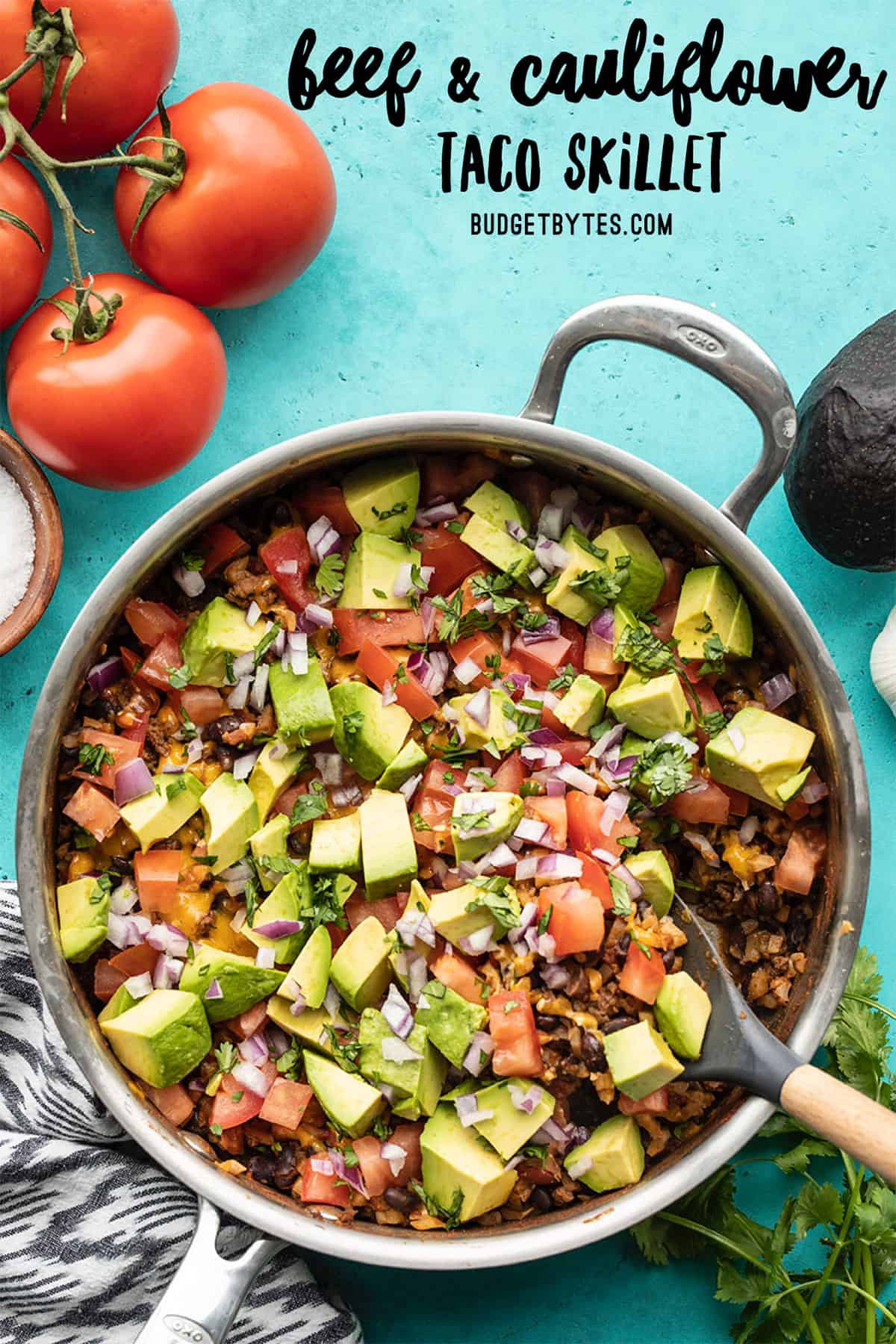 Overhead view of beef and cauliflower taco skillet, title text at the top