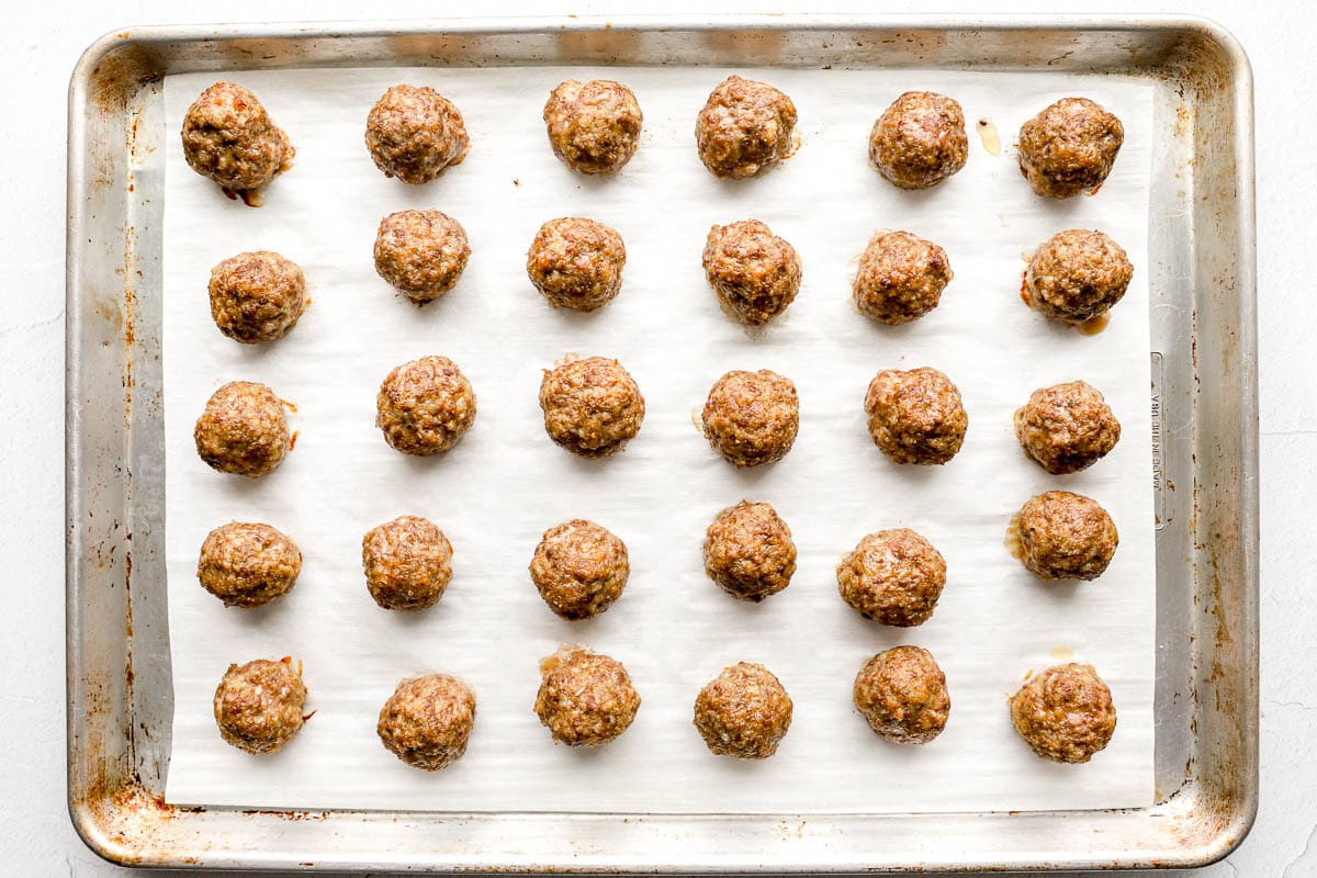 Cooked meatballs on a parchment lined baking sheet.