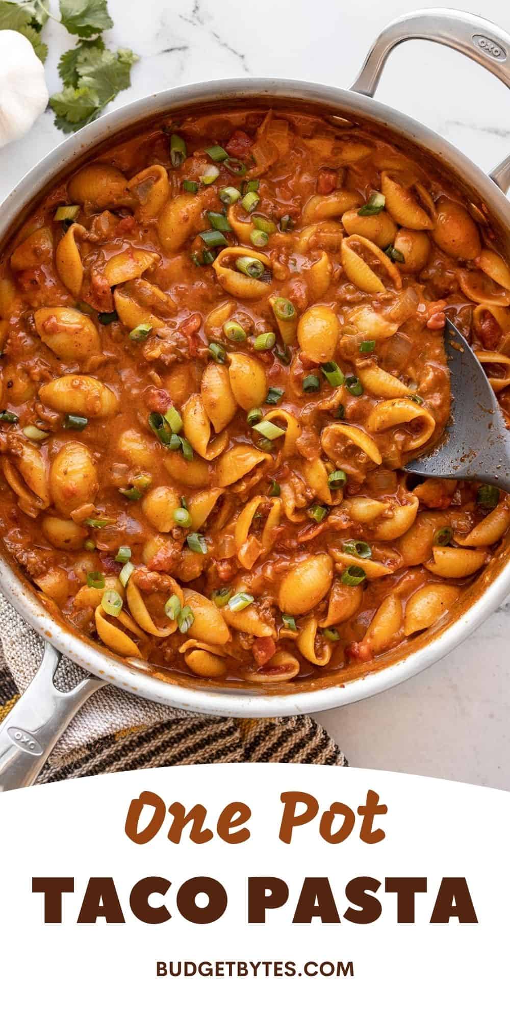 Beef taco pasta in the skillet, title text at the bottom.