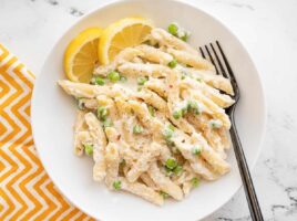 Overhead view of a bowl of lemon ricotta pasta.