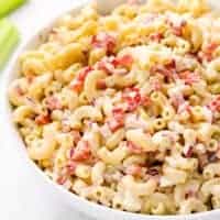 close up side view of macaroni salad in a bowl.