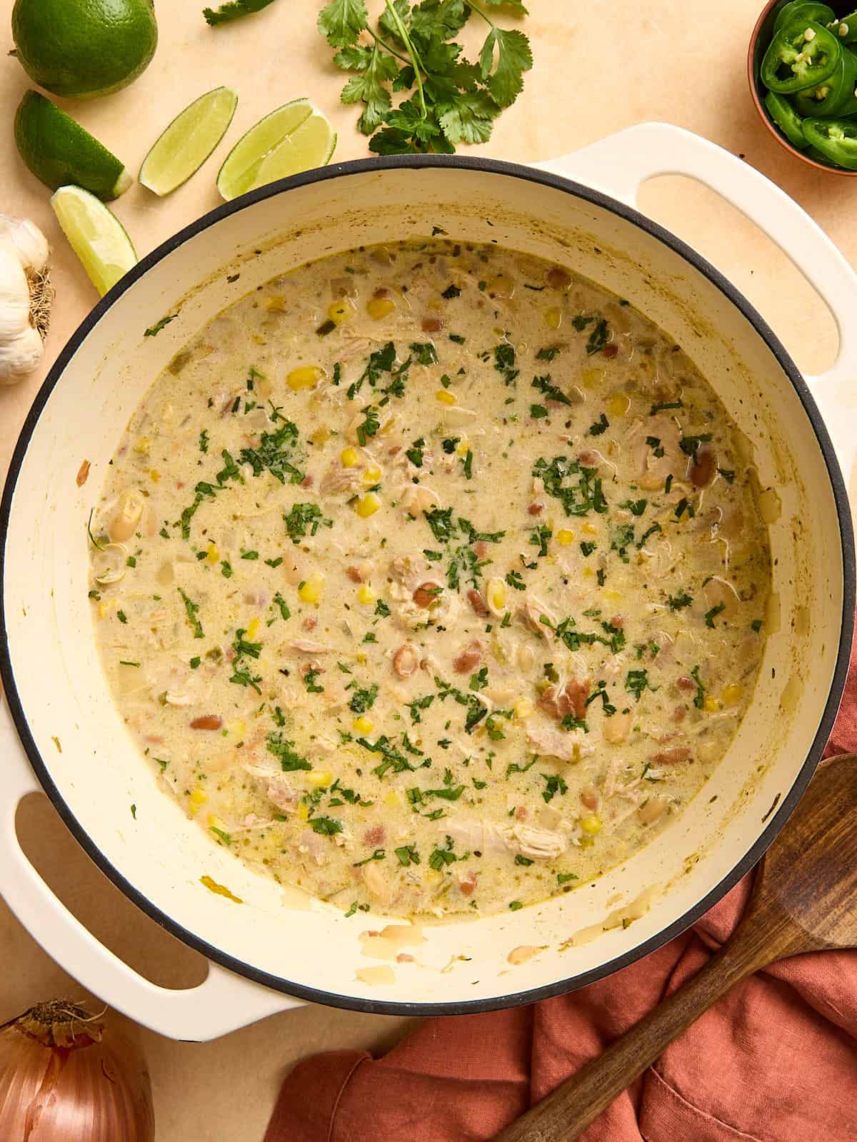 Overhead view of white chili chicken in a soup pot.