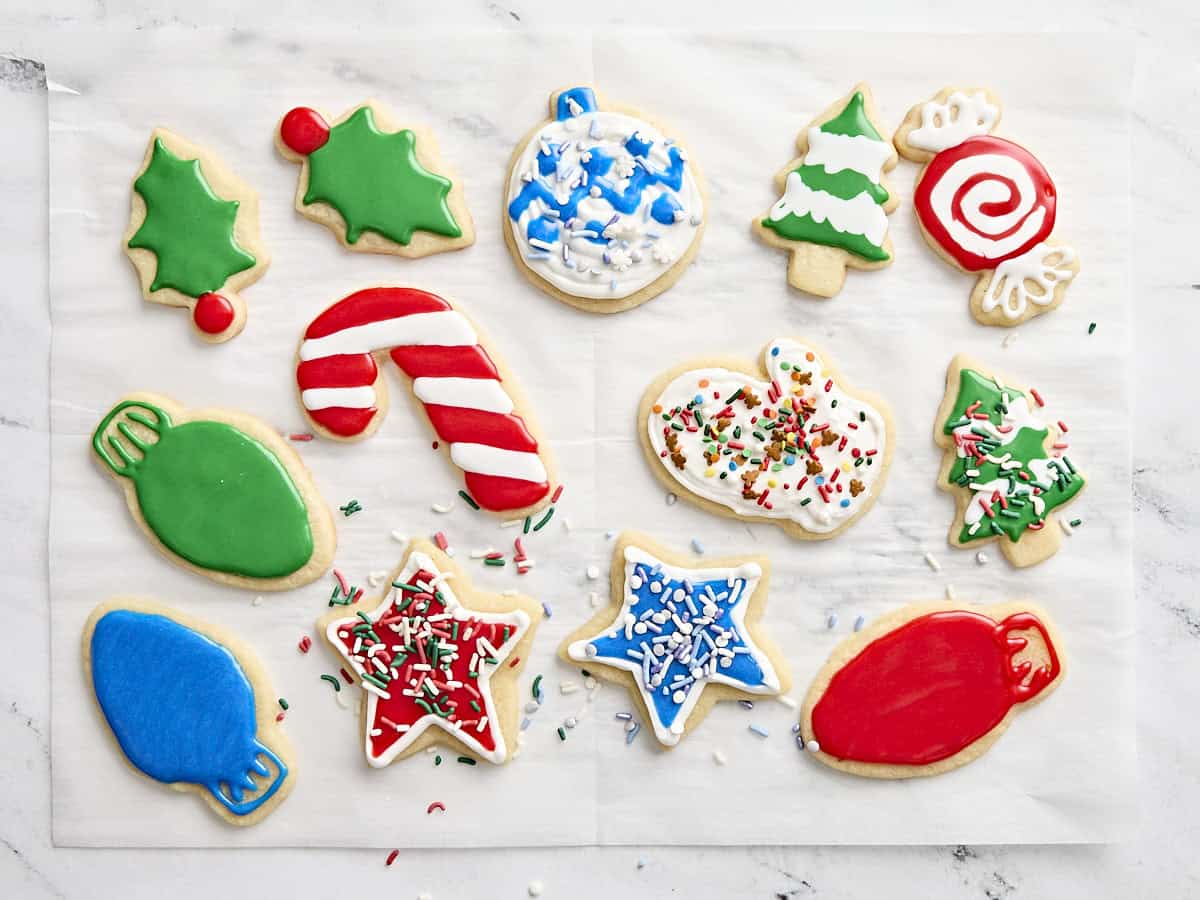 Sugar cookies decorated with royal icing and spinkles.