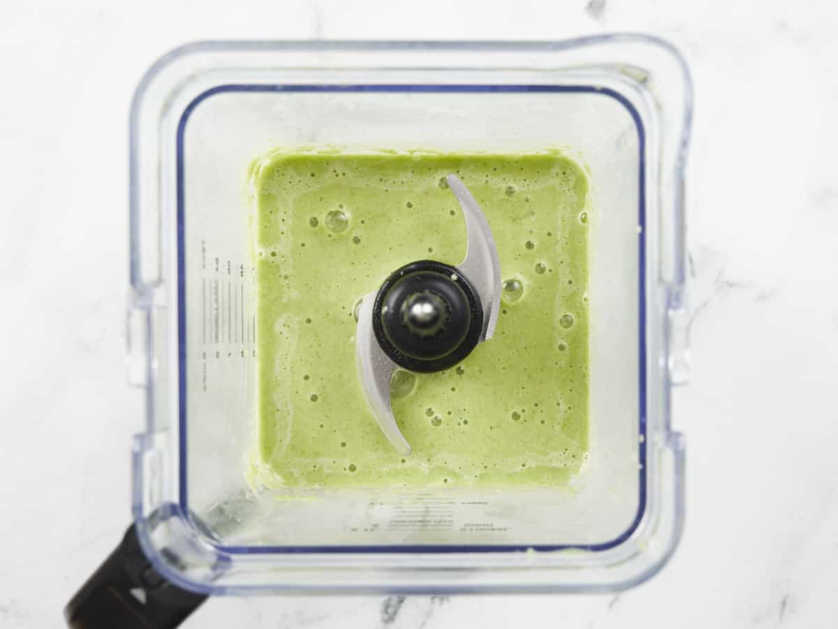 Overhead shot of finished smoothie in a blender.