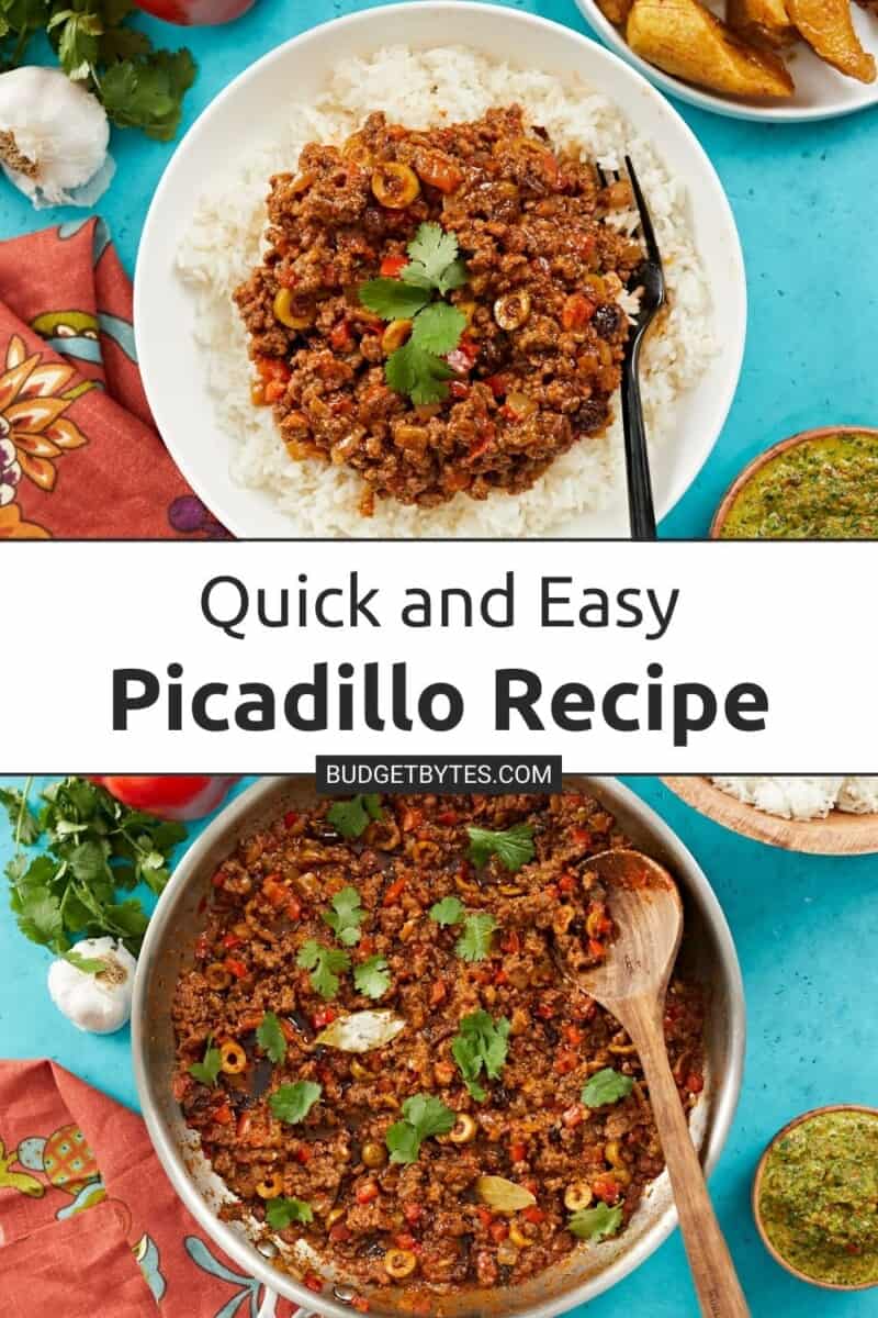 Picture of picadillo served over white rice in a white bowl set over a picture of picadillo in a silver skillet.