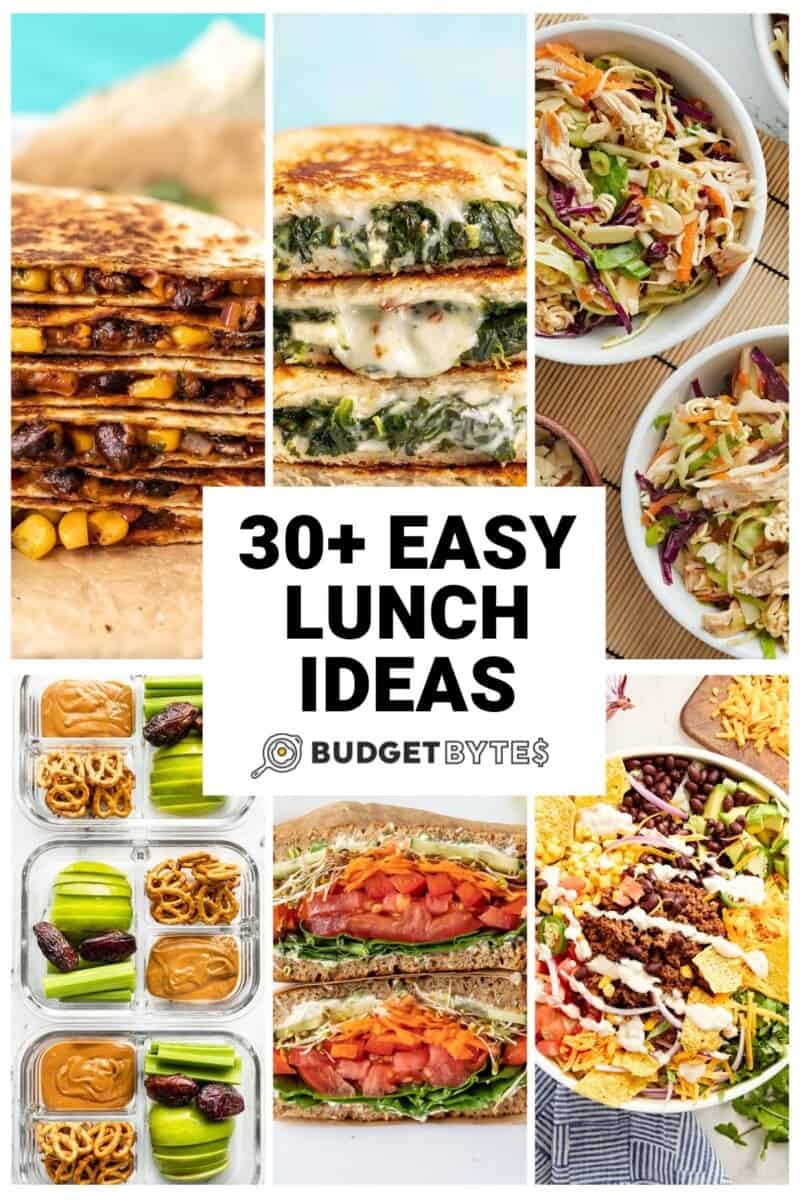 Photo collage of six easy lunch recipes with title text in the center.