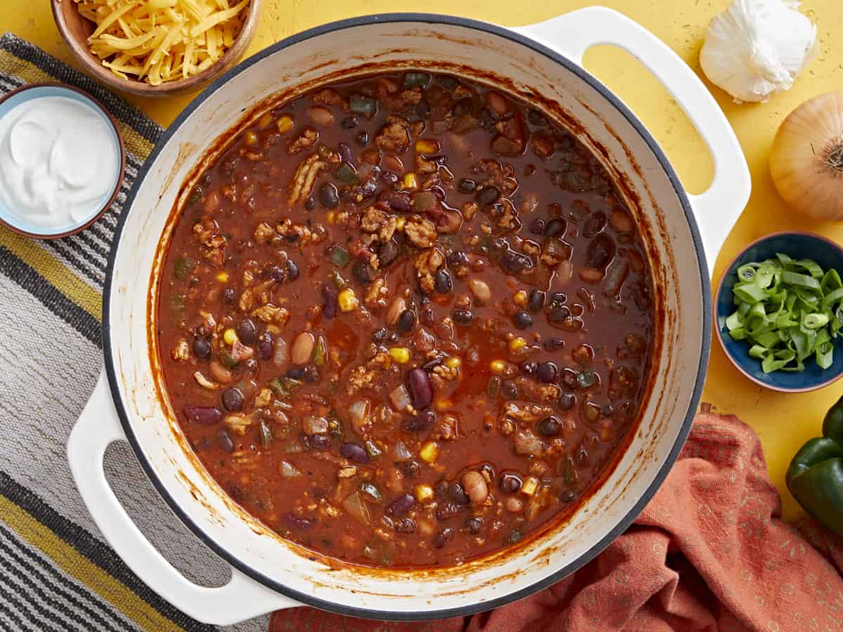 Overhead view of a pot of turkey chili.