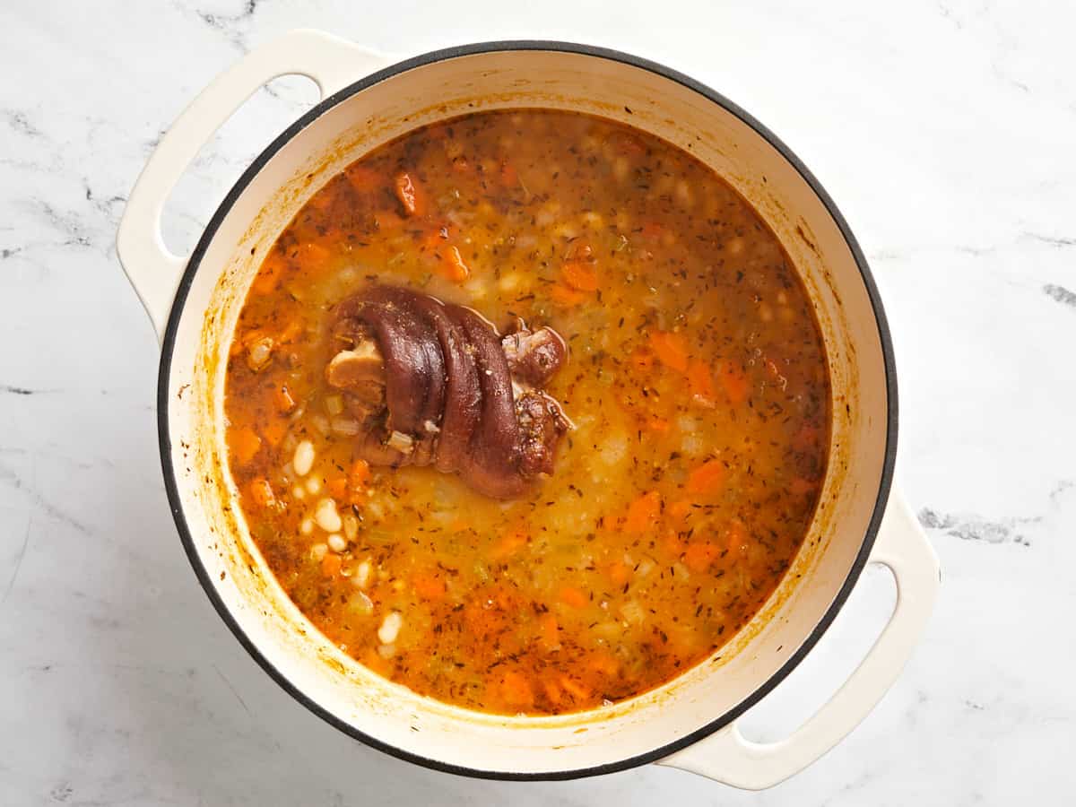 Overhead view of cooked soup.