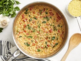 overhead view of tuscan orzo in a pan.