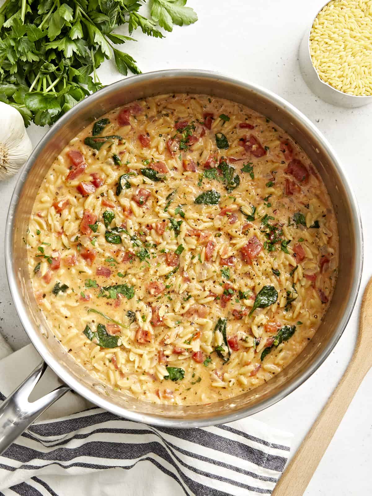overhead view of tuscan orzo in a pan.
