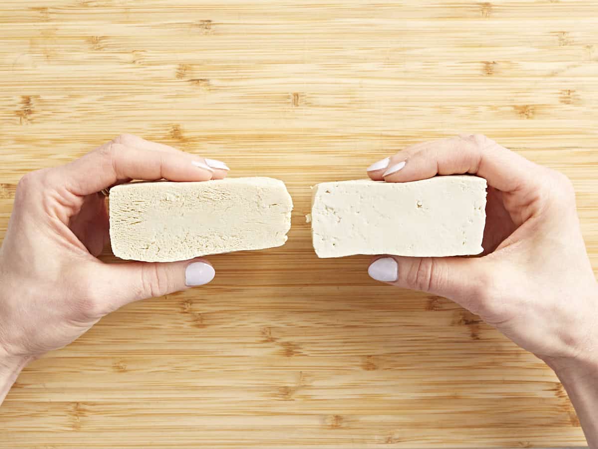 comparing frozen and thawed tofu (left) to refrigerated tofu (right).