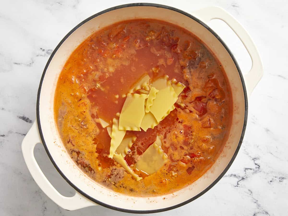 Lasagna noodles added to soup pot with chicken broth.