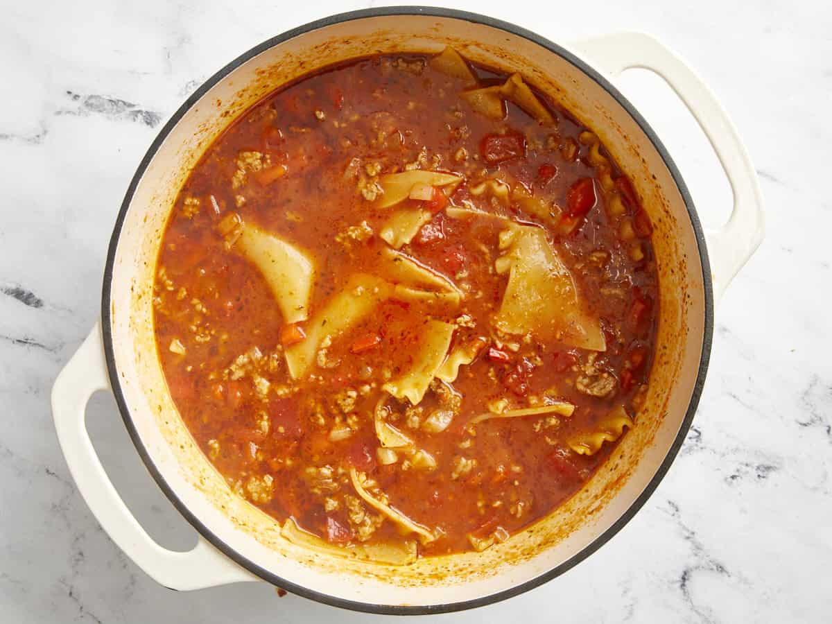 Cooked Lasagna Soup in dutch oven.