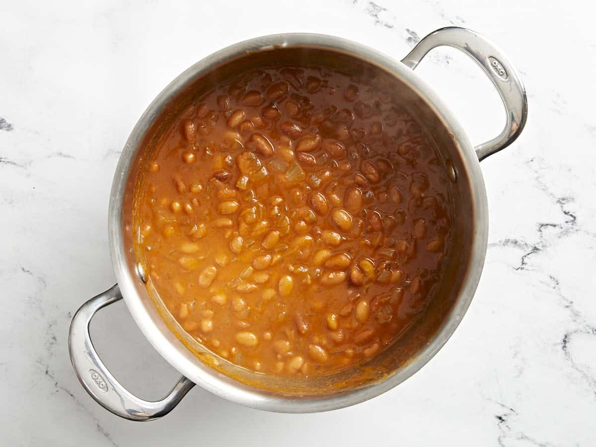 stovetop baked beans in a pot.