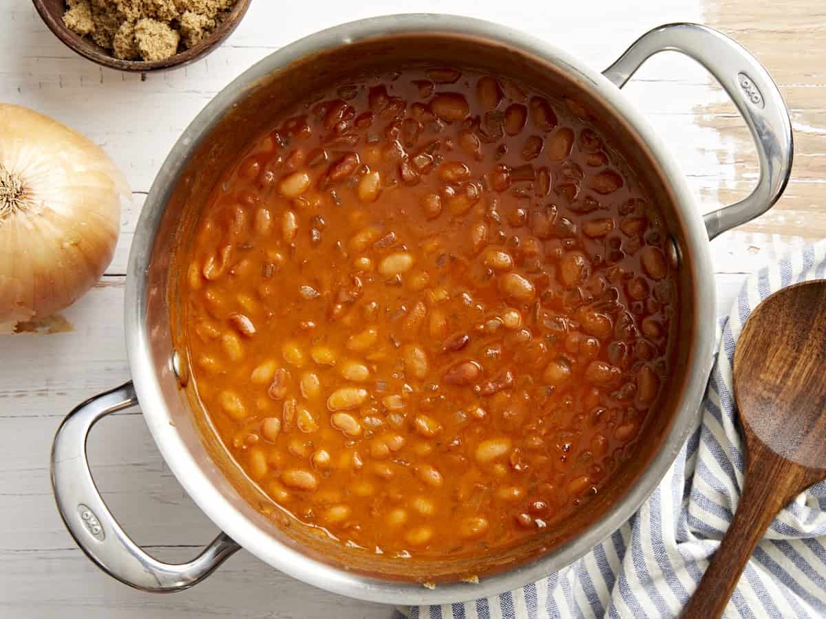 overhead view of baked beans in a pot.