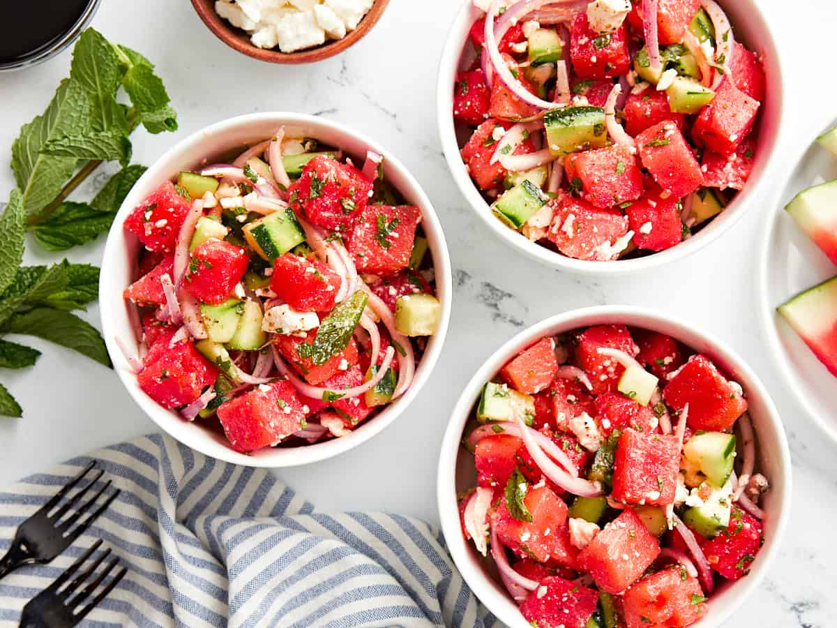 overhead view of 3 servings of watermelon and feta salad.